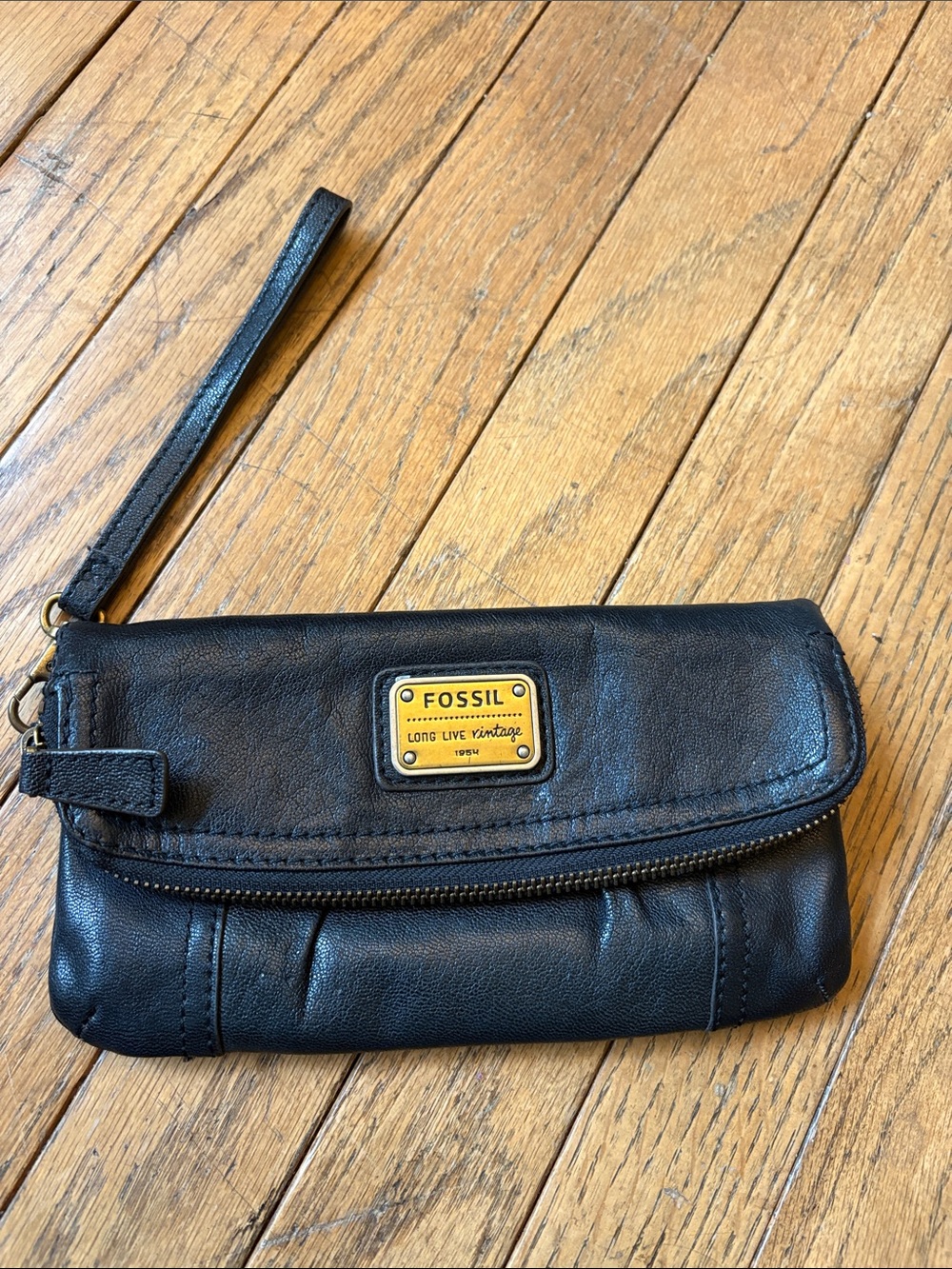 Fossil Black Leather Wristlet with Gold Logo Plaque